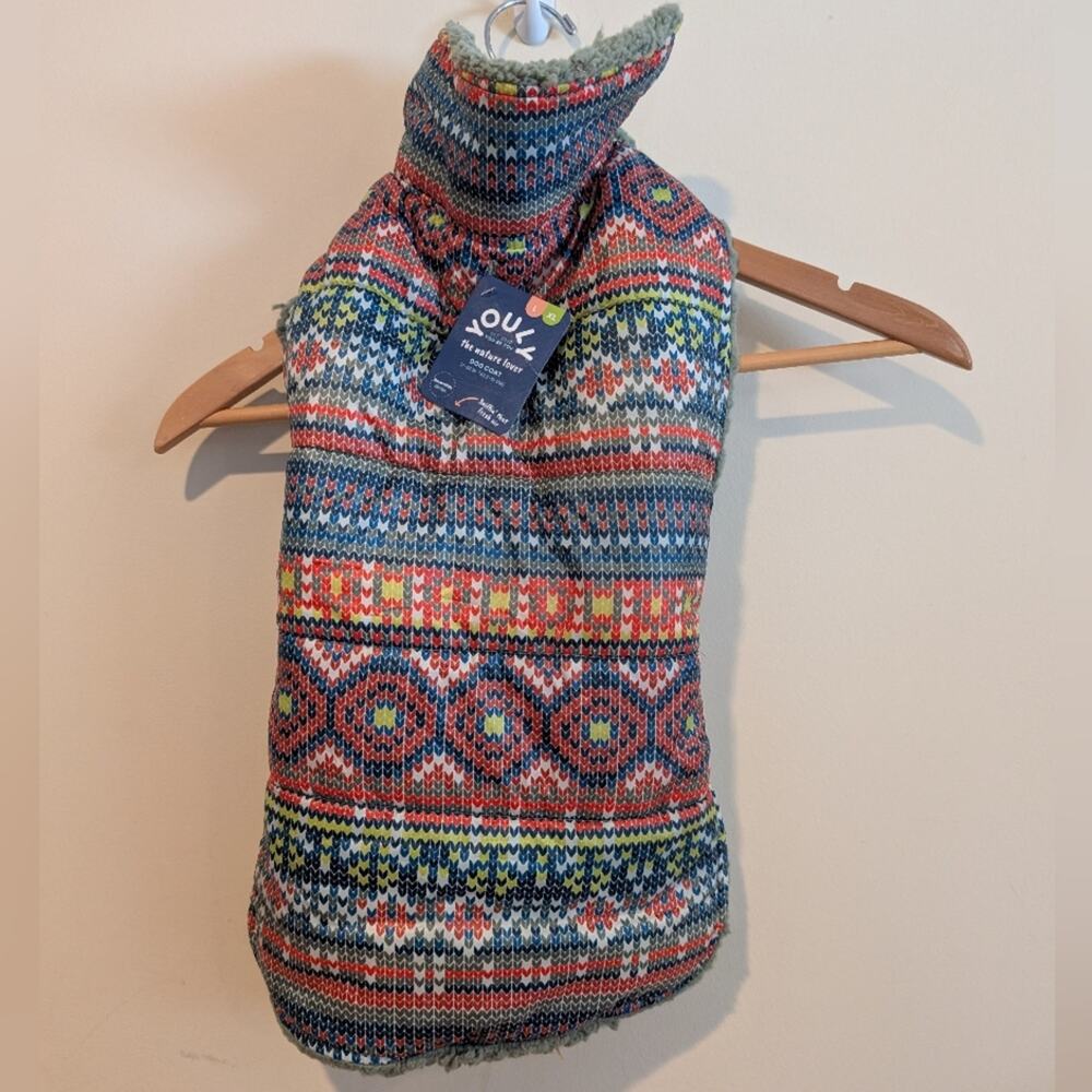 Youly Reversible Dog Coat Puffer Sherpa Multicolor Fair Isle LG/XL NWT